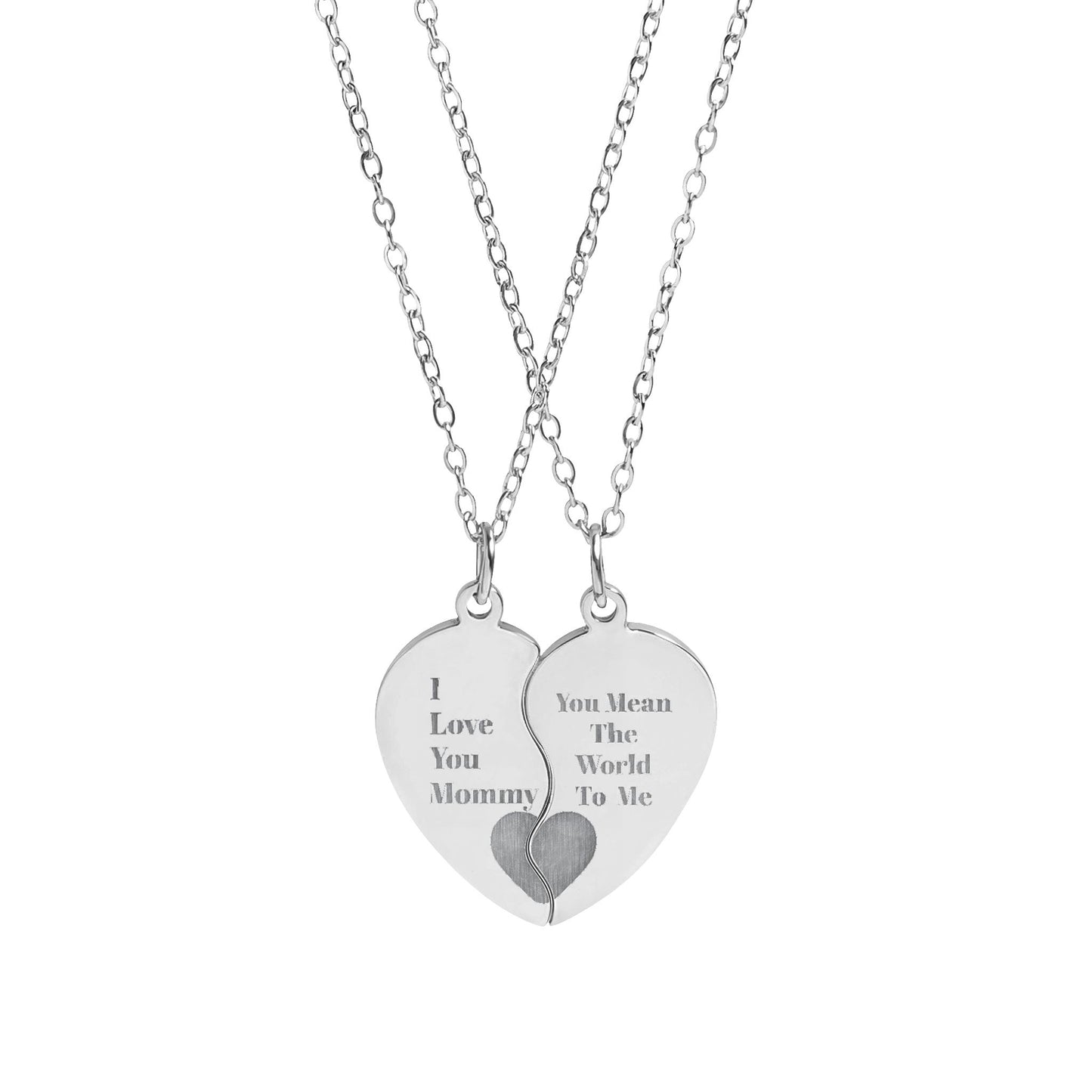 I Love You Mommy Engraved Break-Apart Heart Necklace Set — Split Pendant Best Friend Jewelry
