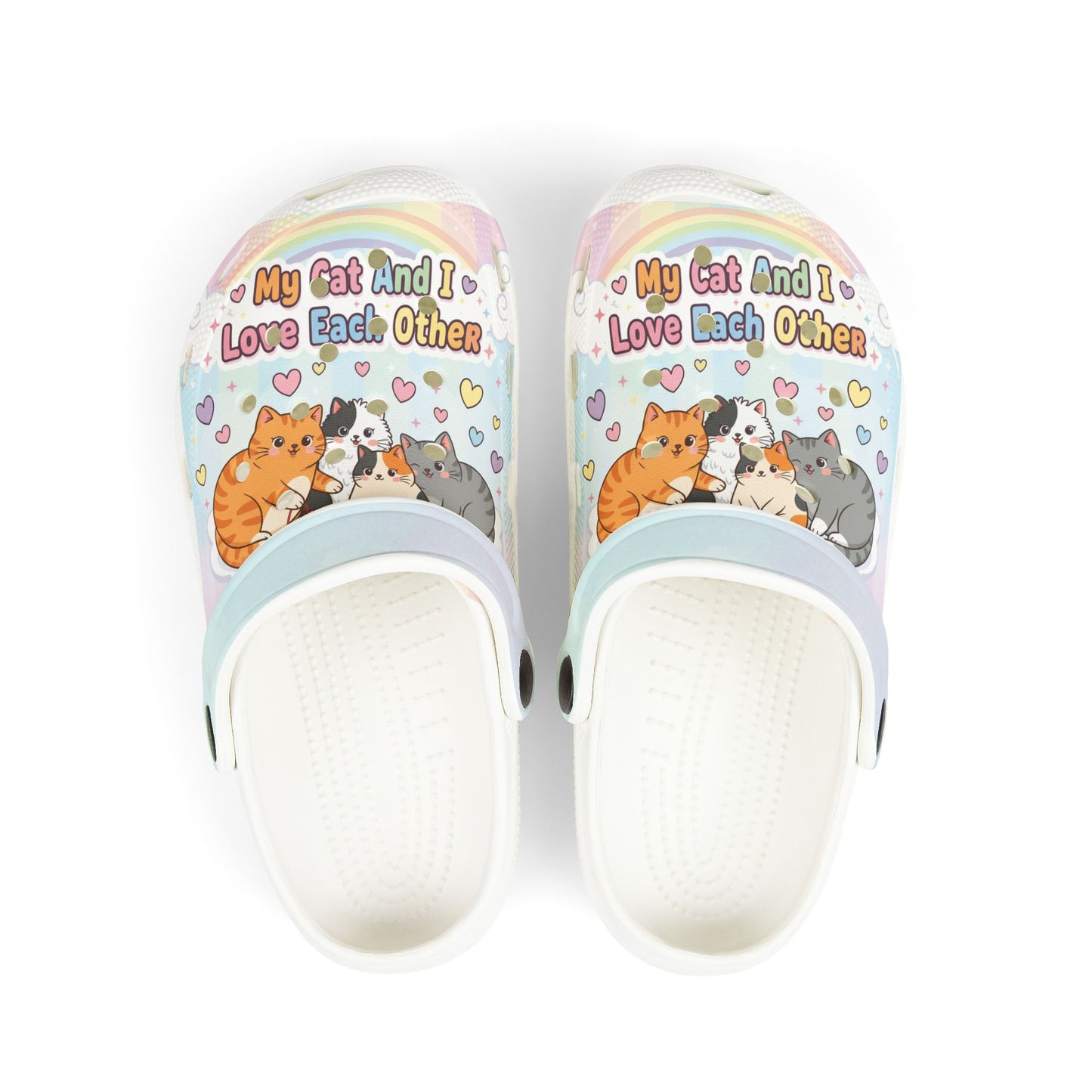 “My Cat and I Love Each Other”Kids Cat Clogs — Rainbow EVA Foam Slip-Ons