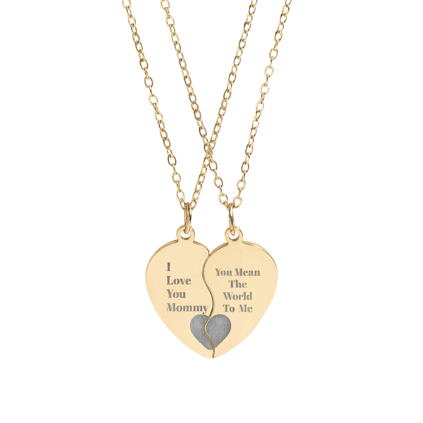 I Love You Mommy Engraved Break-Apart Heart Necklace Set — Split Pendant Best Friend Jewelry