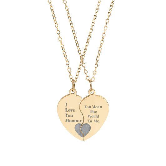 I Love You Mommy Engraved Break-Apart Heart Necklace Set — Split Pendant Best Friend Jewelry