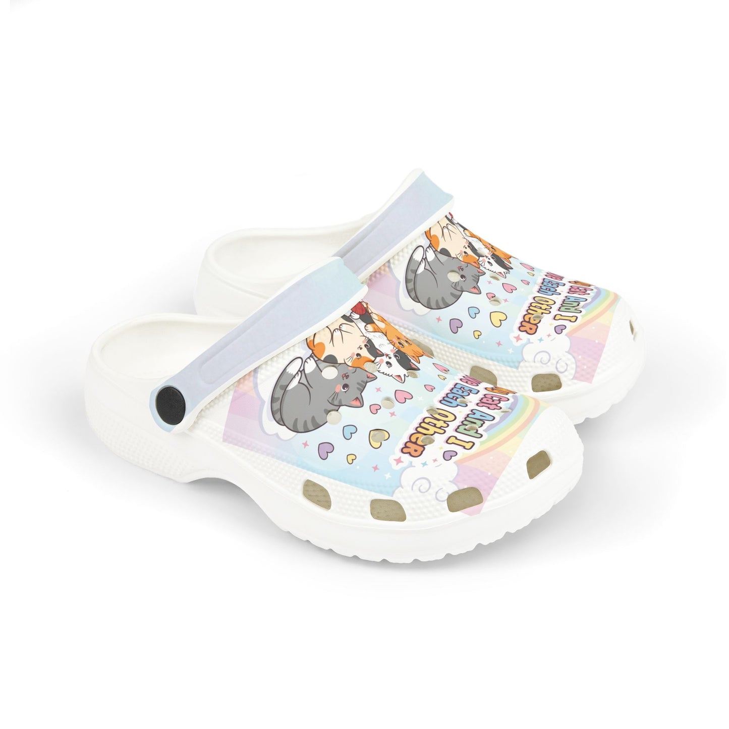 “My Cat and I Love Each Other”Kids Cat Clogs — Rainbow EVA Foam Slip-Ons