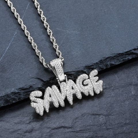 Iced Out SAVAGE Necklace in 18K White Gold Filled with Diamond Cut Chain - Voiceopin International: Child Abuse Information & Online Shopping Center