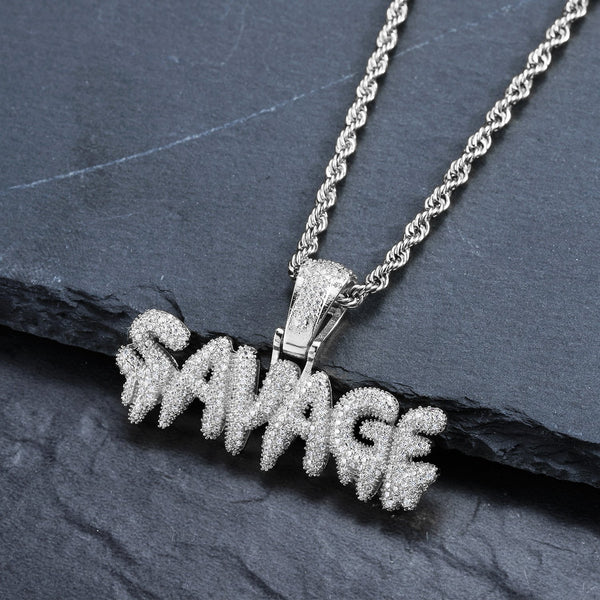 Iced Out SAVAGE Necklace in 18K White Gold Filled with Diamond Cut Chain - Voiceopin International: Child Abuse Information & Online Shopping Center