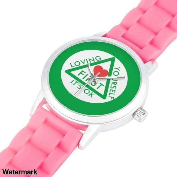 Loving Yourself Its Ok Silica Gel Strap Water Resistant Quartz Youth Watch-Green Faced Watch