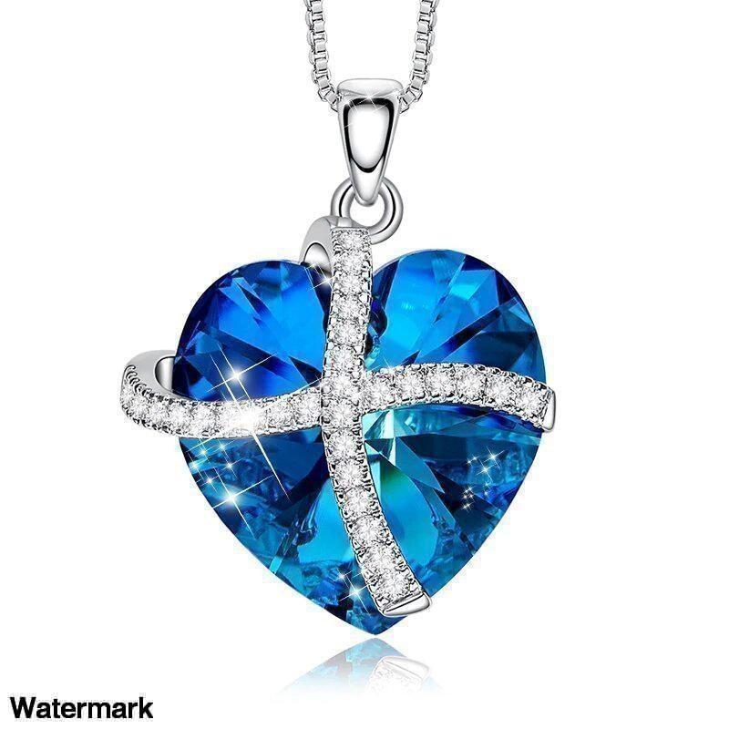 Swarovski Crystals Bermuda Blue Pave Heart Ribbon Designer Necklace - Voiceopin International: Child Abuse Information & Online Shopping Center